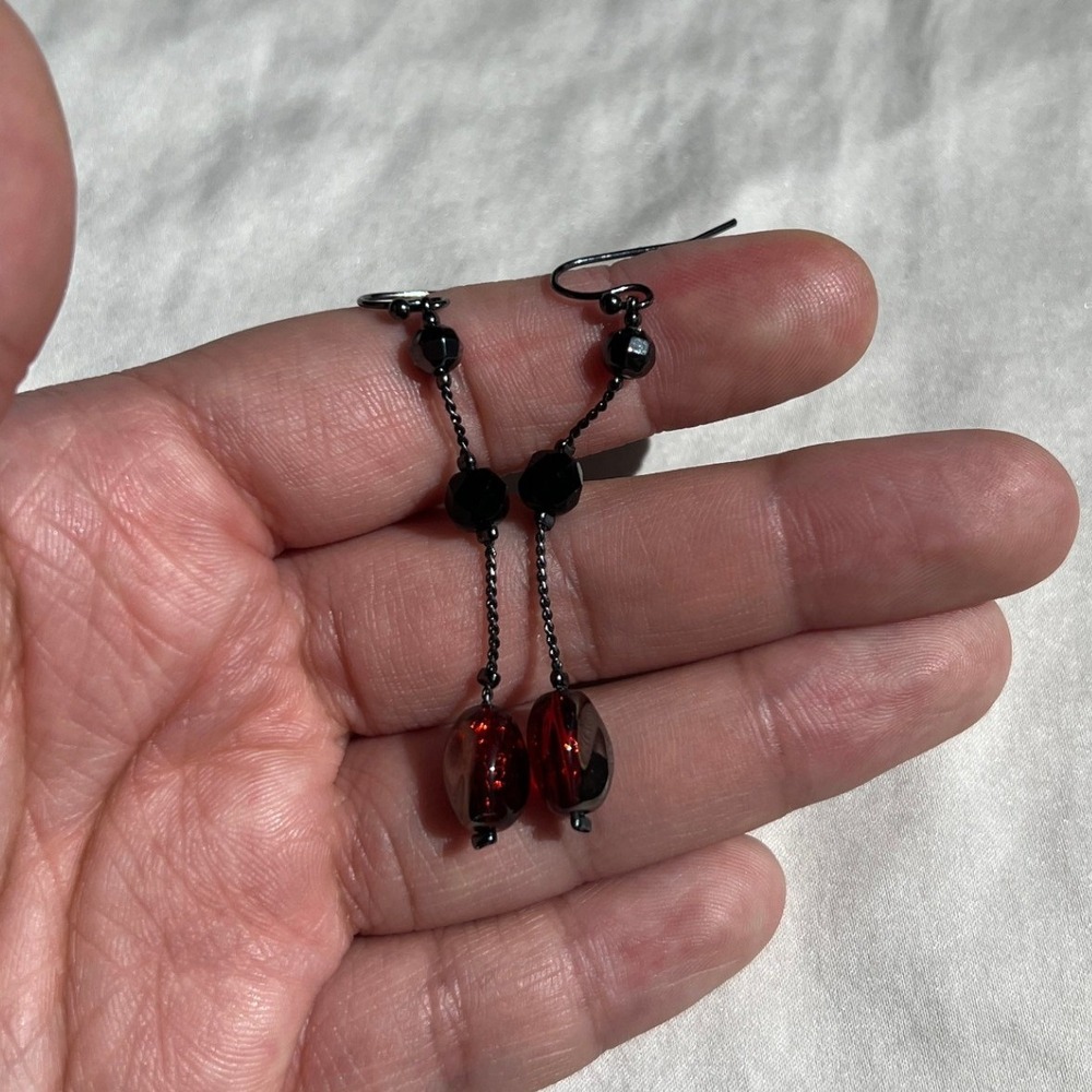 Gothic Red & Black Beaded Dangle Hook Drop Earrings OS Vampire Romantic Grunge